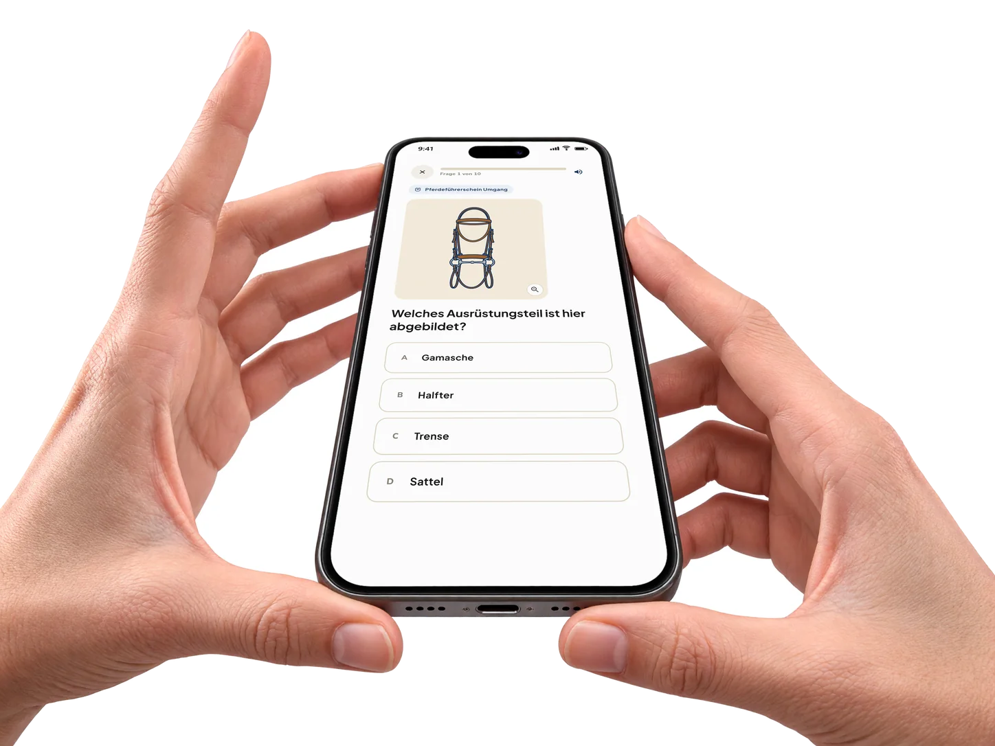 Zwei Hände halten ein Smartphone mit Hufschlag: Bildfrage „Welches Ausrüstungsteil ist hier abgebildet?“ mit Trense und vier Antworten.